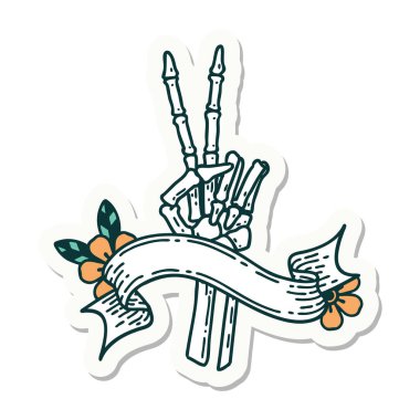 Dövme stili çıkartma. İskelet sancağıyla barış işareti veriyor. 