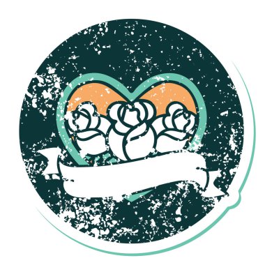 ikonik sıkıntılı dövme stili bir kalp ve çiçekli pankart