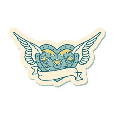 Geleneksel bir dövme stili. Çiçek ve bayrak taşıyan uçan kalp stili.