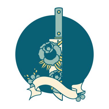 Hançer ve çiçek pankartıyla dövme simgesi