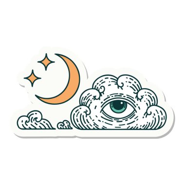 Geleneksel ay yıldızları ve bulut stili dövme çıkartması