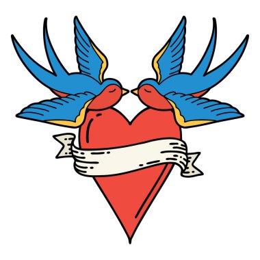 Geleneksel kırlangıç stilinde dövme ve sancaklı bir kalp.