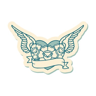 Geleneksel bir dövme stili. Çiçek ve bayrak taşıyan uçan kalp stili.