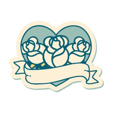 Geleneksel kalp stili dövme çıkartması ve çiçekli pankart.