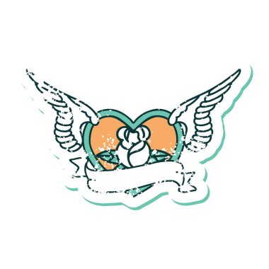 Çiçek ve bayrak taşıyan uçan bir kalbin ikonik kederli dövme görüntüsü