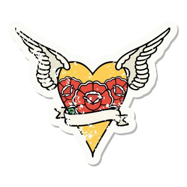 Geleneksel bir stil olan, çiçek ve bayrak taşıyan uçan kalp dövmesi.