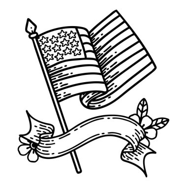 Amerikan bayrağının bayrağıyla geleneksel siyah çizgi dövmesi