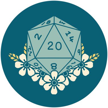 Retro Dövme Biçimi Doğal 20 D20 zarlar Çiçekli elementlerle yuvarlanır