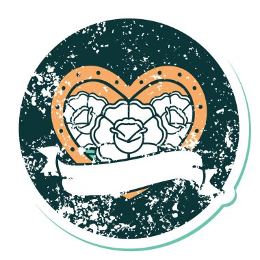 ikonik sıkıntılı dövme stili bir kalp ve çiçekli pankart