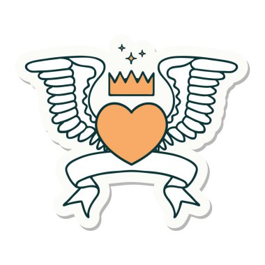 Kanatlı bir kalbin bayrağıyla dövme stili çıkartması