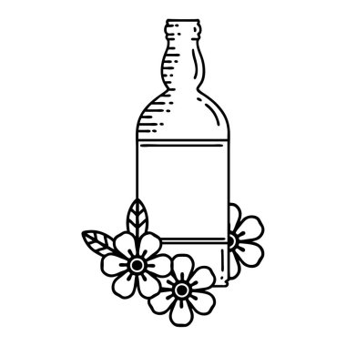 Siyah çizgili dövme, rom şişesi ve çiçek stili.