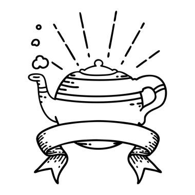 Siyah çizgili parşömen dövmeli buharlı çaydanlık.