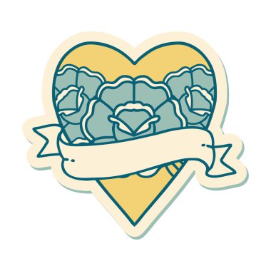 Geleneksel kalp stili dövme çıkartması ve çiçekli pankart.