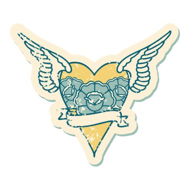 Kanatları ve sancağı olan bir kalbin sembolik dövmesi.