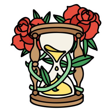 Geleneksel bir saat bardağı ve çiçekli dövme.