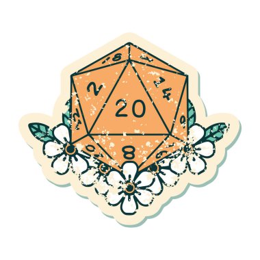 Retro Dövme Biçimi Doğal 20 D20 zarlar Çiçekli elementlerle yuvarlanır