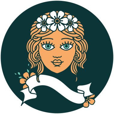 Çiçekten taç takan kadın yüzlü dövme simgesi