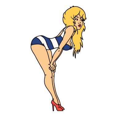 Yüzme kostümlü bir kızın geleneksel stili dövmesi.