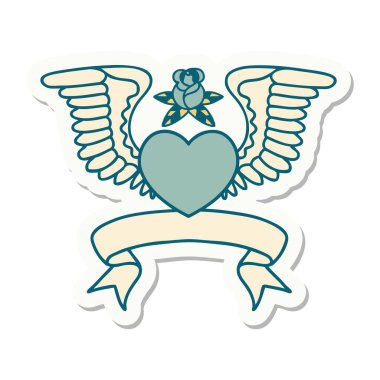 Kanatlı bir kalbin bayrağıyla dövme stili çıkartması