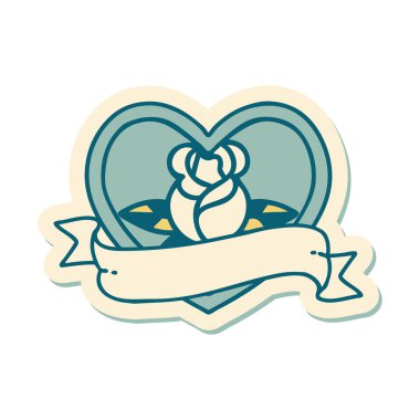 Dövme çıkartması geleneksel tarz bir kalp gülü ve bayrağı 