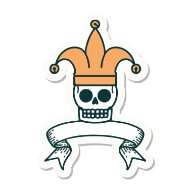 Kafatası soytarısı pankartlı dövme stili.