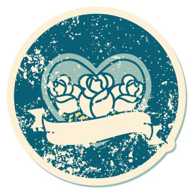 ikonik sıkıntılı dövme stili bir kalp ve çiçekli pankart