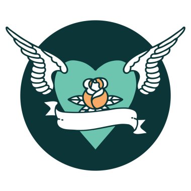 ikonik dövme stili kanatlı kalp görüntüsü bir gül ve bayrak