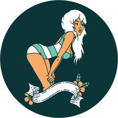 Yüzme kostümlü, pankartlı bir kızın ikonik dövme görüntüsü.