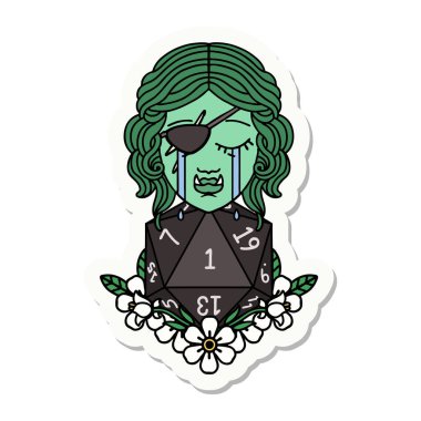 Ağlayan yarı ork haydut bir karakterin çıkartması ve doğal bir D20 rulo.