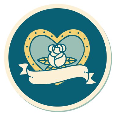 Dövme çıkartması geleneksel tarz bir kalp gülü ve bayrağı 