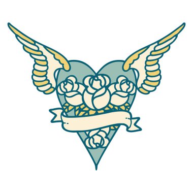 Çiçek ve bayrak taşıyan uçan bir kalbin ikonik dövme görüntüsü