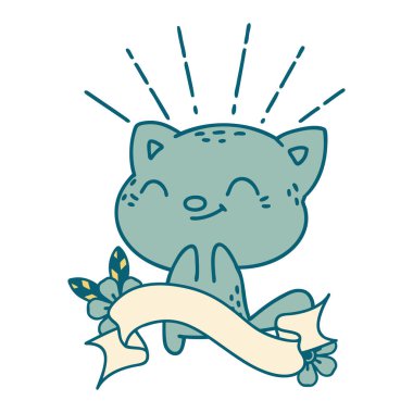 Dövme stili mutlu kedili parşömen.