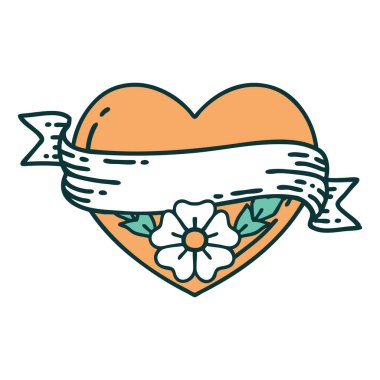 ikonik dövme stili bir kalp ve çiçekli pankart