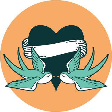 Kırlangıçların ikonik dövme şekli ve sancaklı bir kalp.