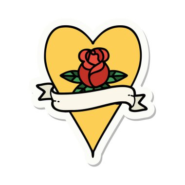 Dövme çıkartması geleneksel tarz bir kalp gülü ve bayrağı 