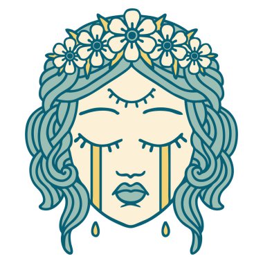 İkonik dövme stili. Üçüncü gözü ve taç takan kadın yüzü.