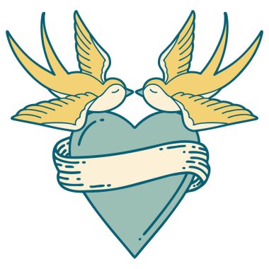 Kırlangıçların ikonik dövme şekli ve sancaklı bir kalp.