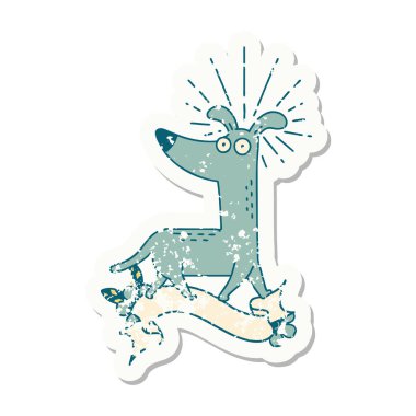 Dövme stili eski bir çıkartma. Şaşırmış köpek.