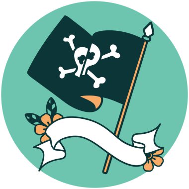 Korsan bayrağının bayrağına sahip dövme tarzı simgesi