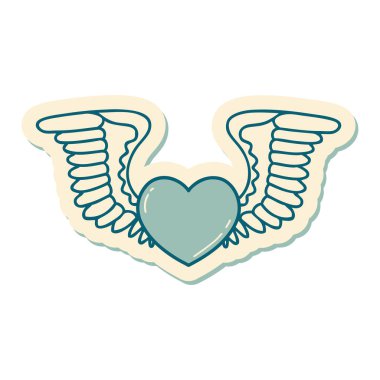 Kanatlı bir kalbin geleneksel stiliyle dövme çıkartması.