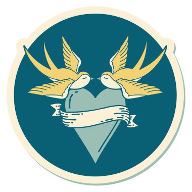 Geleneksel kırlangıç stili dövme çıkartması ve sancaklı bir kalp