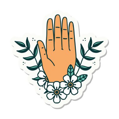 Geleneksel el ve çiçek stiliyle dövme çıkartması.