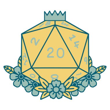 Retro Dövme Biçimi Doğal 20 D20 zarlar Çiçekli elementlerle yuvarlanır