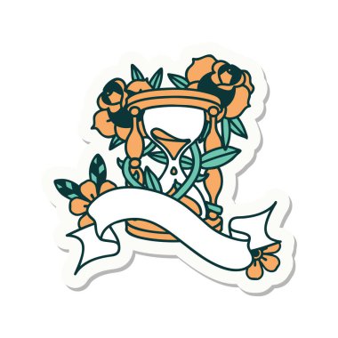 Bir saatlik cam ve çiçekli dövme stili çıkartması