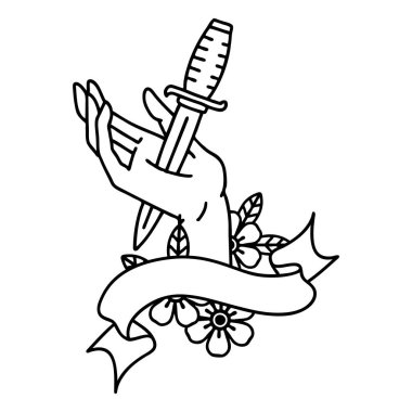 Geleneksel siyah çizgili dövme. Elinde hançer dövmesi var.