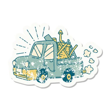 Hurda taşıyan dövme stili bir kamyonun eski çıkartması.