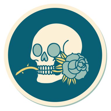 Geleneksel kafatası ve gül stili dövme çıkartması.