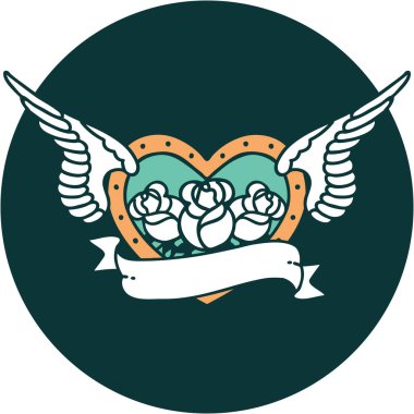 Çiçek ve bayrak taşıyan uçan bir kalbin ikonik dövme görüntüsü