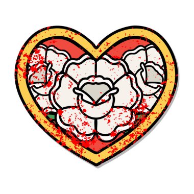 Geleneksel kalp ve çiçek stili dövmeli sıkıntılı etiket