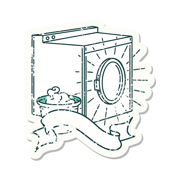 Etiqueta Velha Desgastada Uma Máquina Lavar Roupa Estilo Tatuagem — Vetor de Stock